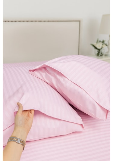 Çizgili Saten 2'li Yastık Kılıfı Pembe