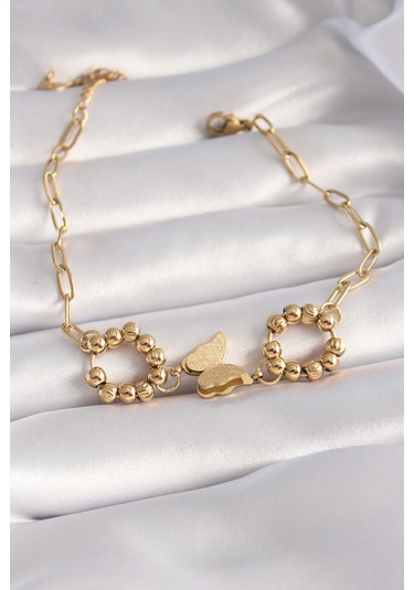 316l Çelik Gold Renk Simli Kelebek Figür Kadın Bileklik Altın