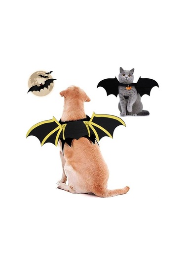 Pazly Köpek Cadılar Bayramı Kostümü - Yarasa Kanatlı Harni, Çanlı Baskılı Evcil Hayvan Kostümü Açık Mavi