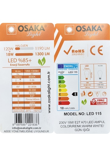3 Adet Osaka 18w 120w Sarı Işık 3000k E27 Duylu Kalın Duy Led Ampul