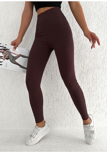 Kadın Içi Polarlı Fitilli Yüksek Bel Toparlayıcı Tayt Kahverengi