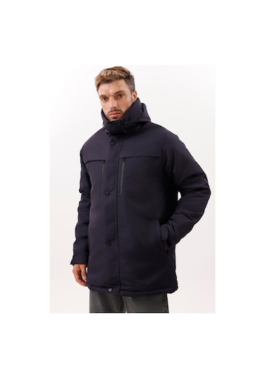 Erkek Polarlı Kürklü Su Ve Rüzgar Geçirmez Kapüşonlu Kışlık Mont & Kaban & Parka - Elyaflamalı Lacivert