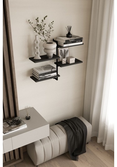 Aju 4 Katlı Duvar Rafı Metal Çerçeveli Dekoratif Kitaplık Ve Raf Ünitesi Modern Ve Minimalist Tasarım Siyah
