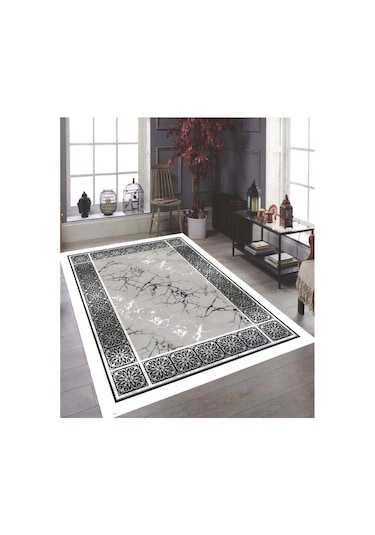 Lastikli Kadife Halı Örtüsü Açık Gri Gri - Beyaz