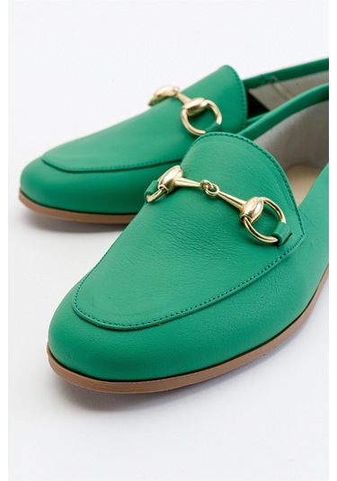 Luvishoes F03 Koyu Yeşil Cilt Hakiki Deri Kadın Babet Koyu Yeşil