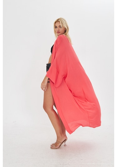 Kutaf Nar Çiçeği Uzun Kimona/ Beachwear Narçiçeği