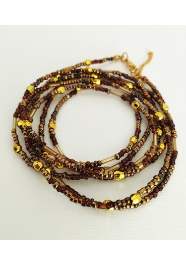 K216 Minimal, Zarif Boncuk, Dolamalı Kolye Kahverengi&atın Sarı Altın - Kahverengi