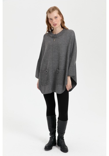 Kadın Dik Yaka Cebi Gül İşlemeli Fermuarlı Kısa Panço Gri Melanj Gri Melanj