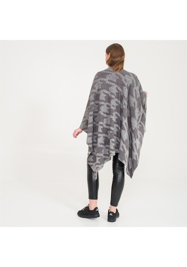 Kaz Ayağı Desen Çift Taraflı Triko Kadın Şal Panço-Antrasit-140X140 Antrasit