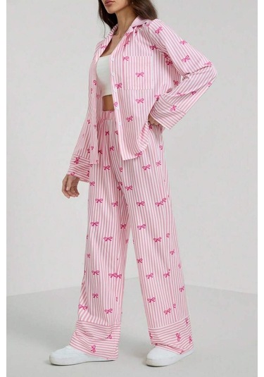 Bella Notte Pembe Fiyonk Baskılı Çizgili Pijama Takımı