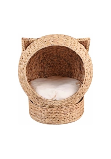 Evistro Dekoratif Kulaklı Minderli Hasır Kedi Köpek Yatağı Sepet