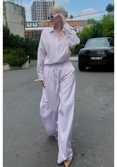 Madmext Pembe Uzun Kollu Çizgili Gömlek Pantolon İkili Takım Mg2124-pembe Pembe