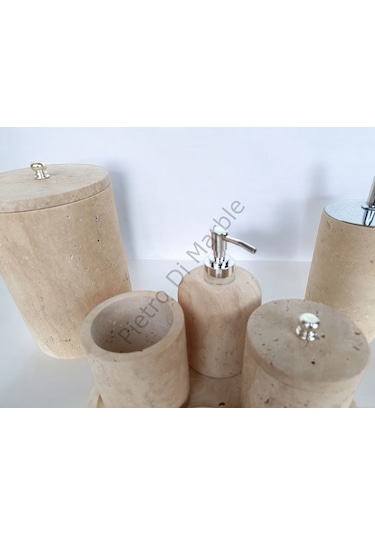 Sarı Traverten Klasik Model 7 Parça Gümüş Renk Düğme Aksesuarlı Banyo Seti Sarı Traverten