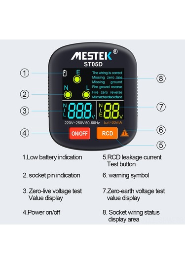 30-250v Taşınabilir Dijital Priz Test Cihazı Dedektörü Rcd Voltaj Test Cihazı Toprak Polarite Faz Kontrol Aracı Renkli Ekran İle
