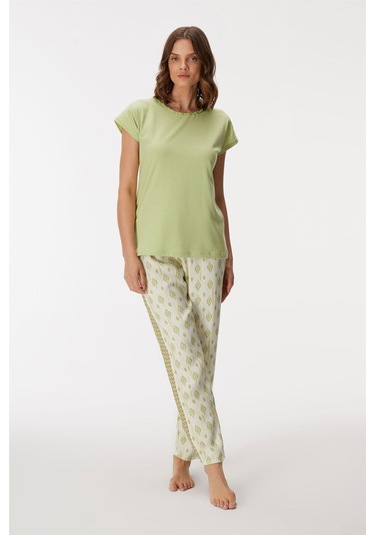 Anıl Kadın Bisiklet Yaka Detaylı Kısa Kollu Pijama Takım Yeşil