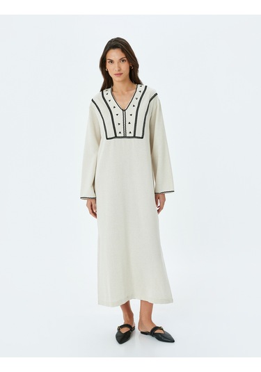 Koton Keten Karışımlı İşleme Detaylı V Yaka Oversize Uzun Elbise Bej 5sak80033uw Ekru