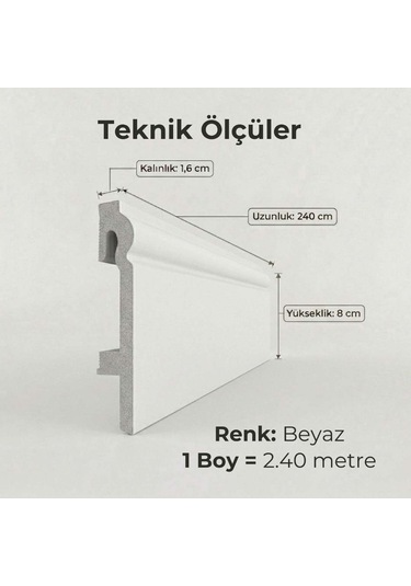 Espumo Kompozit Süpürgelik 8 cm Beyaz | Suya Dayanıklı Parke Duvar Süpürgelik 2,40 m ESP301