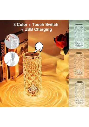 Şarjlı Dokunmatik Led Kristal Diamond Elmas Ambiyans Romantik Gül Masa Lambası 3 Renkli Çok Renkli