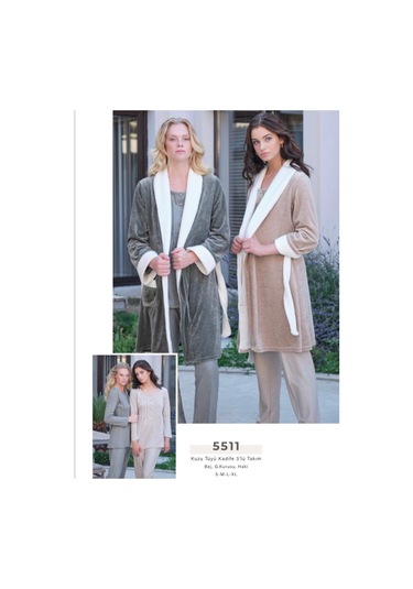 Bone Club 5511 Haki Kuzu Tüyü Kadife 3Lü Lohusa Pijama Sabahlık Tk