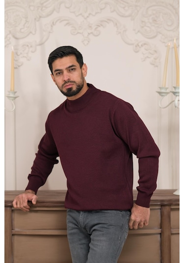 Woolen World Balıkçı Yaka Kalın Yünlü Erkek Triko Kazak Bordo
