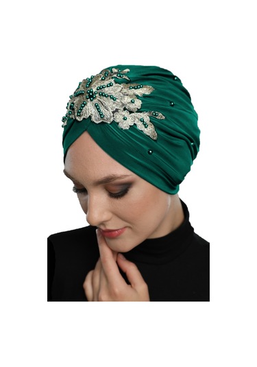 Kopma Astarlı İşlemeli Yeşil Sarı Dantel Motifli Hazır Türban Tesettür Abiye Bone Yeşil - Sarı