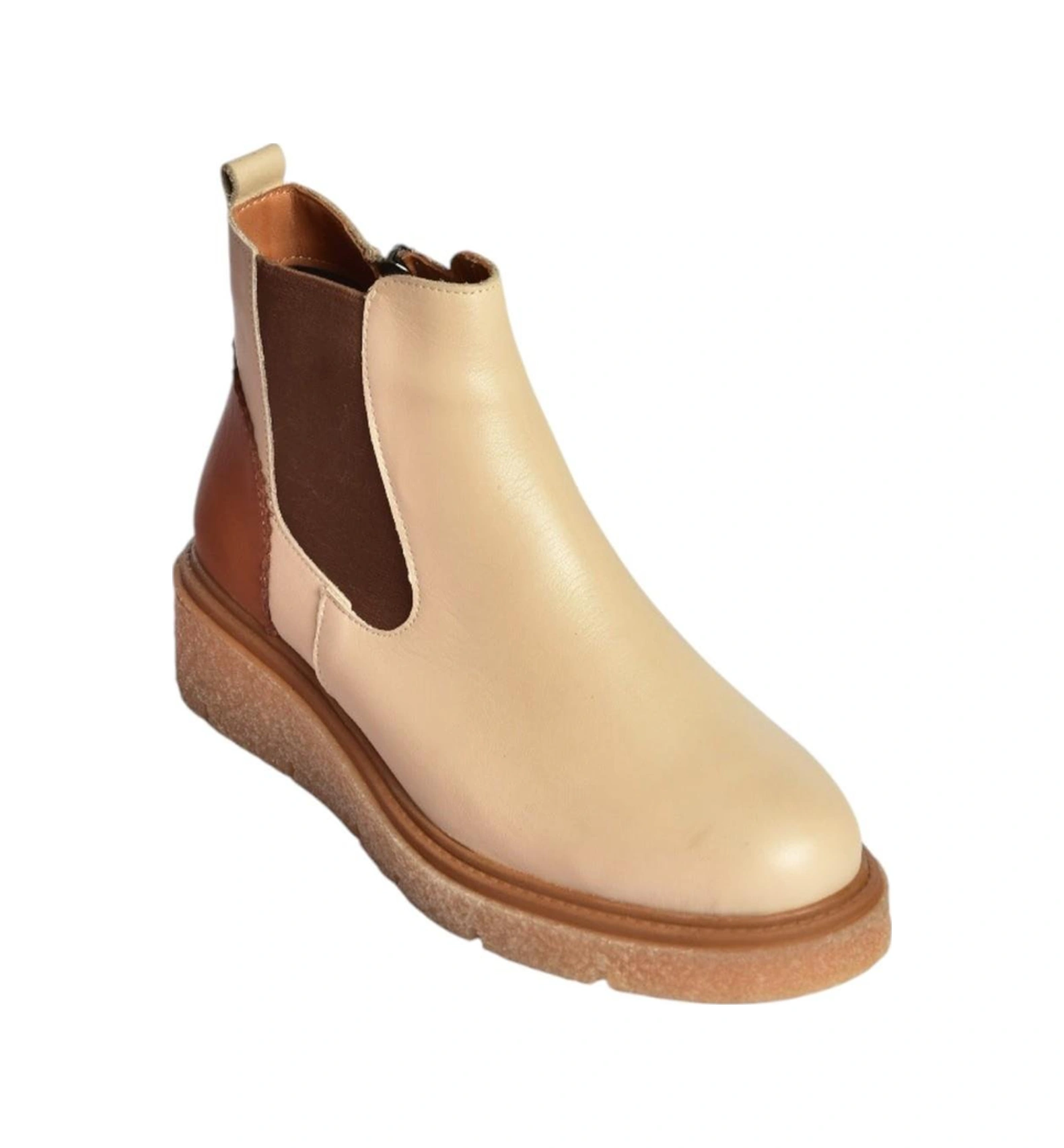 V555115103 Bej Hakiki Deri Kalın Tabanlı Kadın Bot Bej-hakiki Deri