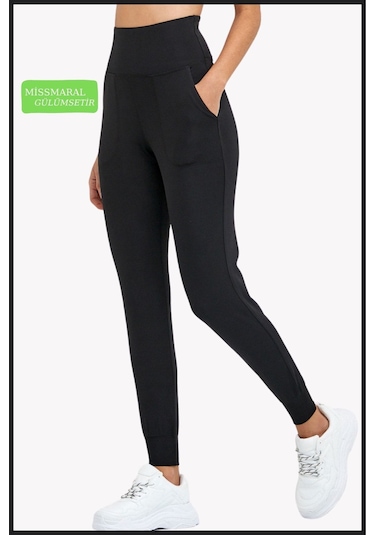 Kadın Eşofman Alt Siyah Curve Jogger Dalgıç Kumaş Yüksek Bel Çift Cepli Joggers 1061 Siyah