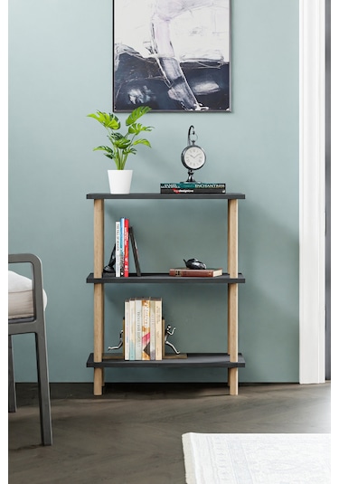Dekoratif 3 Raflı Ahşap Ayaklı Kitaplık Yan Sehpa Antrasit Gri