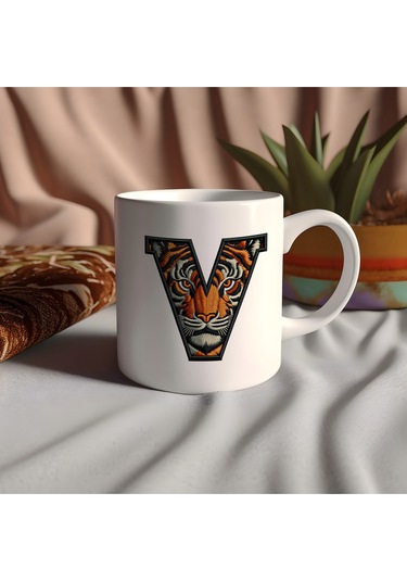 V Harfi Kaplan Figürlü Nakış Desenli Kupa Bardak - Kişiye Özel Vahşi Hayvan Desenli Kupa - Hediye Beyaz