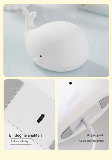 Eternal Luck Led Renkli Gece Lambası Usb Şarjı-balina Silikon Lamba-beyaz Beyaz