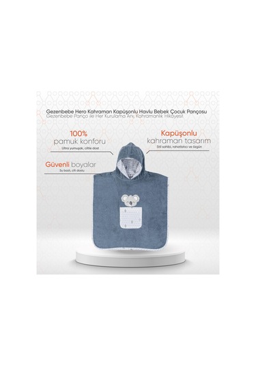 Gezenbebe Hero Kahraman Kapüşonlu Havlu Bebek Çocuk Pançosu Mavi