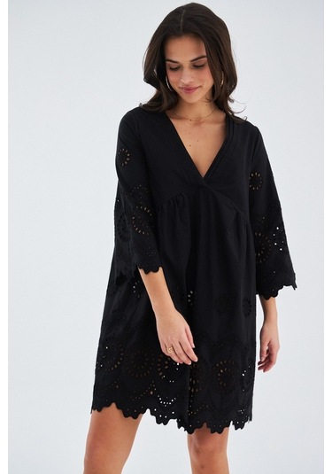 Peraluna Hiromi Dress %100 Pamuk 3/4 Kol Diz Hizası Yazlık Kadın Siyah