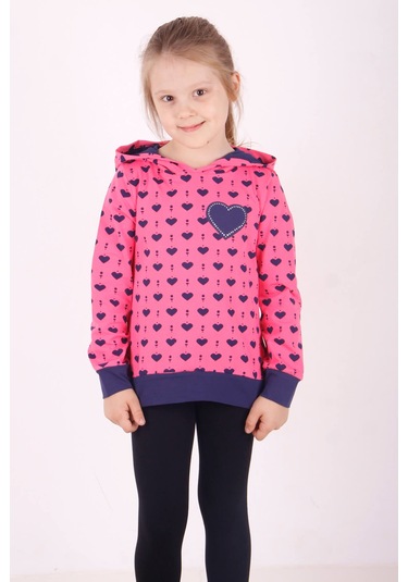 Toontoy Kız Çocuk Komple Kalp Desenli Sweatshirt Fuşya