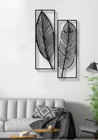 2 Yaprak Figürlü Çerçeveli Metal Duvar Dekoru