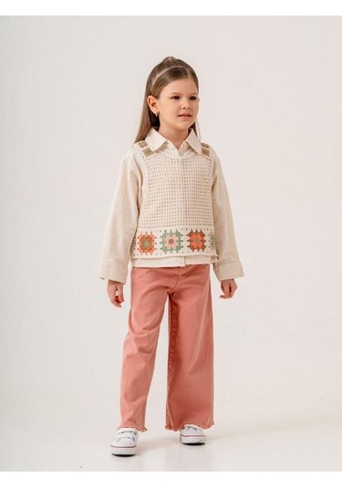 Kız Cocuk Gömlek Motif Desenli Süveter İkili Takım-15515 Bej