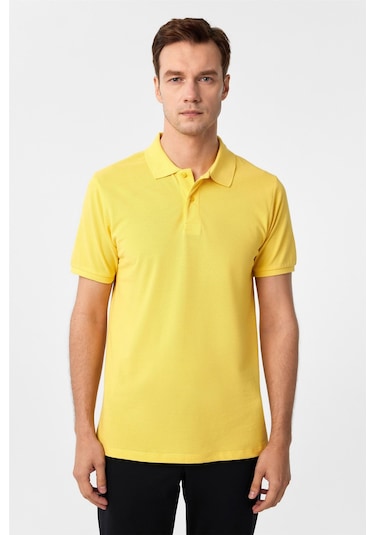 Sarı Slim Fit Armürlü Polo Yaka Tişört-37205 Sarı