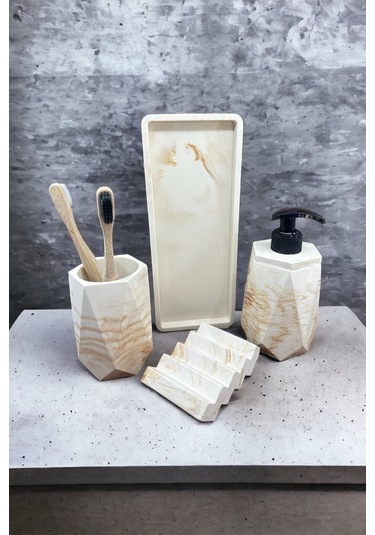 Betonmall 4 Parça Mermer Desenli Beton Banyo Seti Katı Sıvı Sabunluk Diş Fırçalık Tepsi - Bej Bej