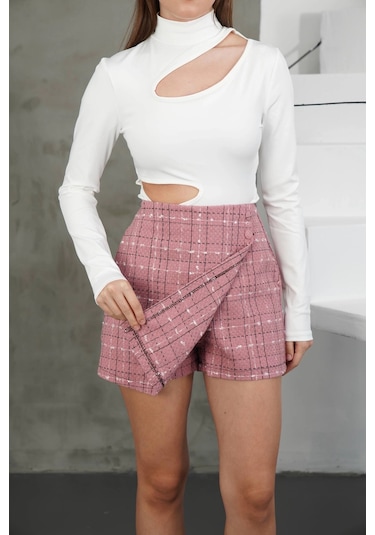 Defymoda İki Düğmeli Şort Etek Pembe H26414 Pembe