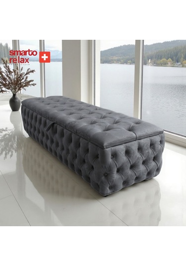 Smarto Relax Puf Saas-fee Sandıklı Ayaksız Kapitoneli Dekoratif 110x45x40 Cm Gri Gri