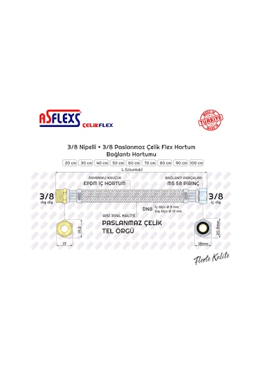 Asflexs 3/8 Nipelli×3/8 Paslanmaz Çelik Flex Hortum Bağlantı Hortumu