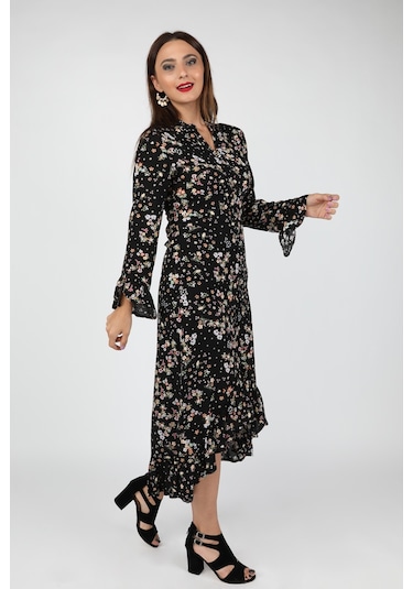 Kadın Çiçekli Viskon Elbise Siyah