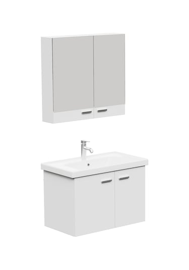Aqua Bagno Basic Alt Dolap + Üst Dolap -lavabo Dahil-beyaz ,80 Cm. 3 Parça Beyaz