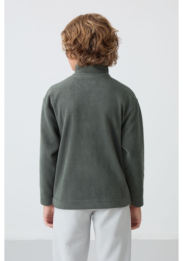 Haki Kalın Yumuşak Dokulu Standart Fit Nakışlı Polar Erkek Çocuk Sweatshirt - 11223 Haki