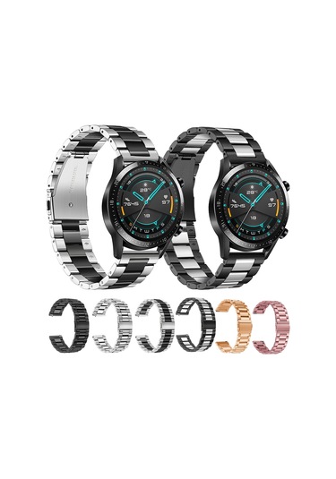 Springsun Huawei Watch Gt2 46mm, Honor Magic Watch 2/1 46mm Uyumlu 22mm Paslanmaz Çelik Üç Pırlanta Kordon - Orta Gümüş, Kenar Siyah