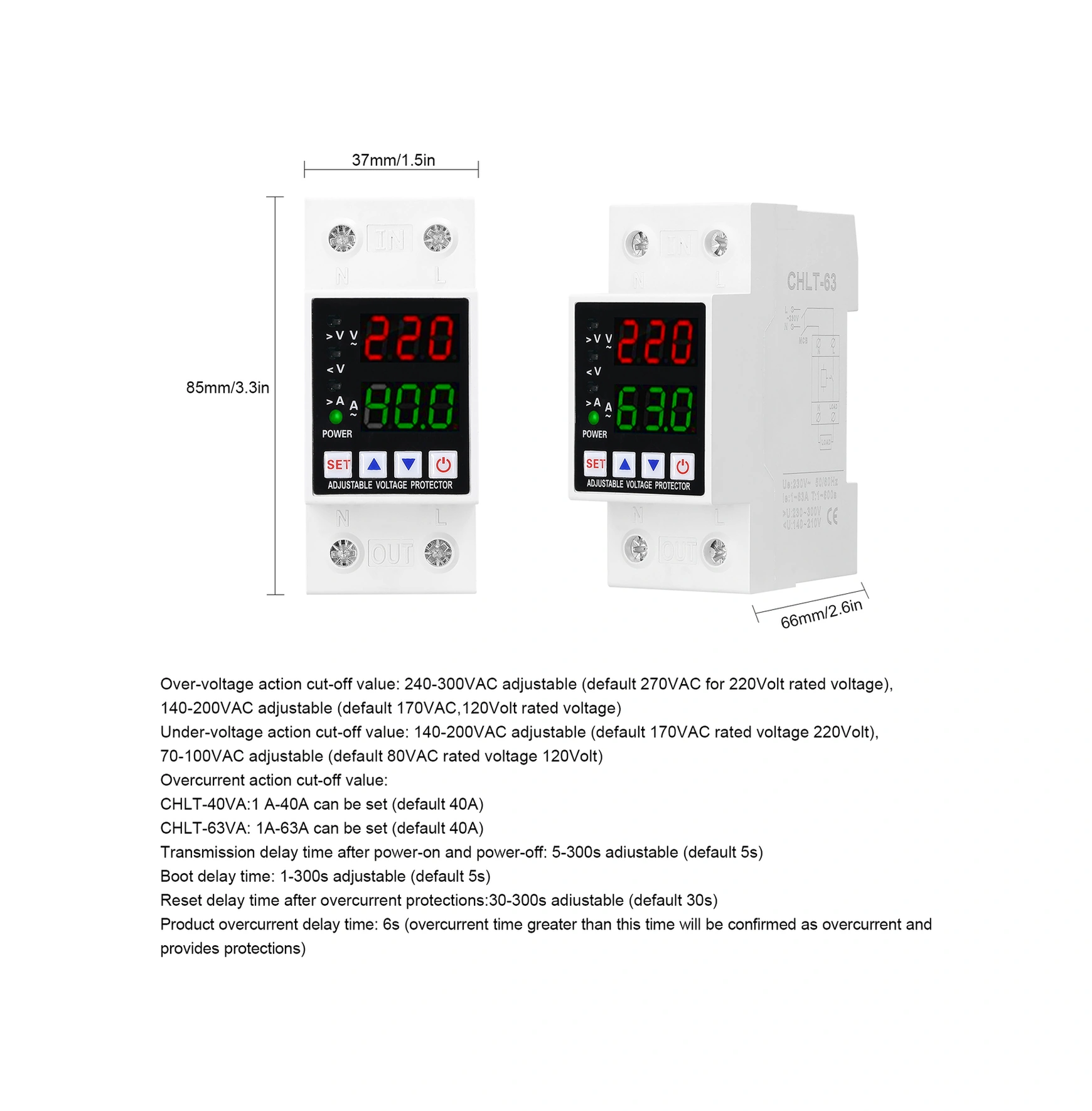 Yunboo Ev İçin Çift Ekranlı Ayarlanabilir Otomatik Sıfırlama Aşırı-düşük Gerilim Ve Akım Koruyucu Chlt-63va