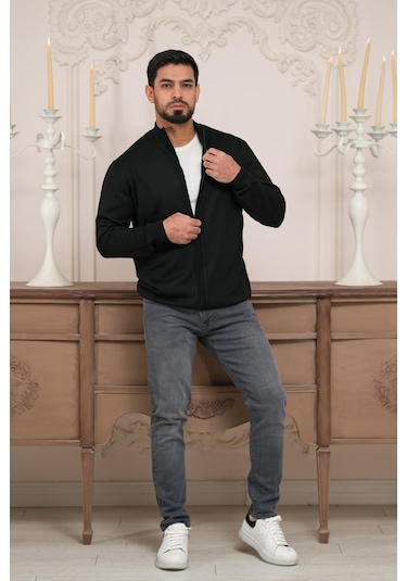 Woolen World Regular Fit Dik Yaka İnce Baharlık Triko Hırka Siyah