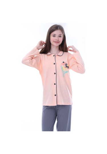 Zuzunga Ekru-lila Çiçek Baskılı Biyeli Düğmeli %100 Pamuk Kız Çocuk Pijama Takımı Somonfüme Somon - Füme