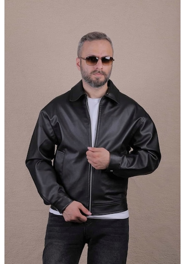 Ohepmoda Oversize Rahat Kalıp Düz Erkek Deri Ceket Siyah