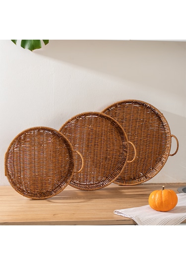 Porsima 710-c Yuvarlak 3'lü Hasır Tepsi Dekoratif Sunum Tepsisi