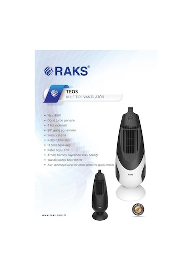 Raks Teos Manuel Kontrol Kule Tipi Vantilatör 90 W